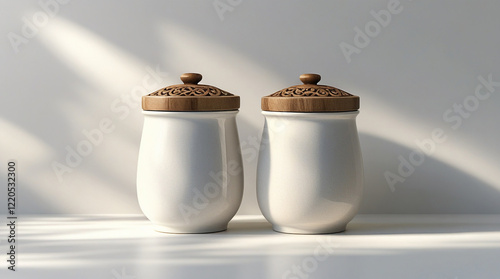 Pair of elegant white ceramic canisters with intricately carved wooden lids. Perfect for kitchen storage, home decor, or minimalist design. photo