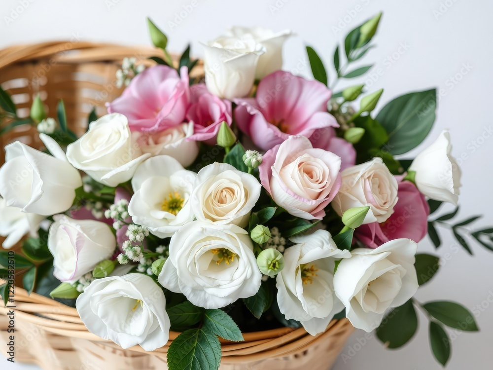 A mix of white roses and eustoma flowers are arranged in a wooden basket, white roses, eustoma flowers, country style A mix of white roses and eustoma flowers are arranged in a wooden basket, white roses, eustoma flowers, country style