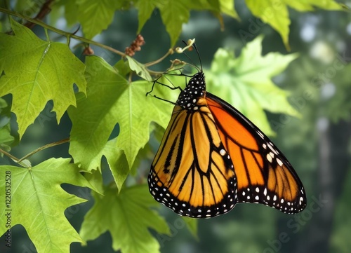 A monarch butterfly emerging from a chrysalis on a bright green maple leaf, fall, maple