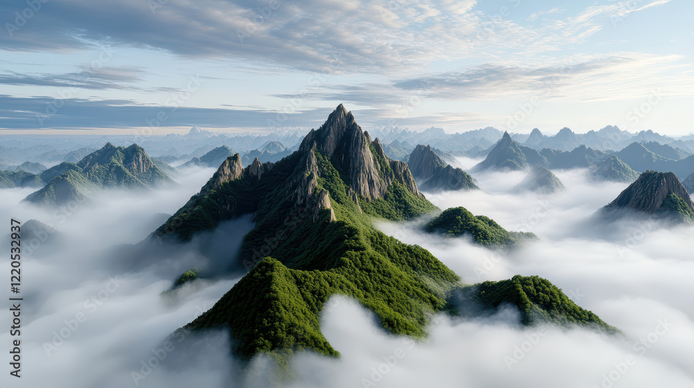 Majestic mountain landscape with mist and soft clouds enveloping peaks Majestic mountain landscape with mist and soft clouds enveloping peaks