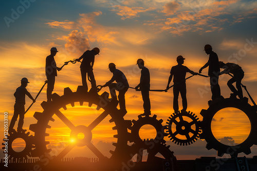 Silhouettes of Team Members on Interconnected Gears with Sunrise Background Illustrating Teamwork