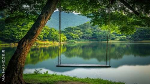 Serene swing hanging from tree over calm lake reflecting lush green landscape.