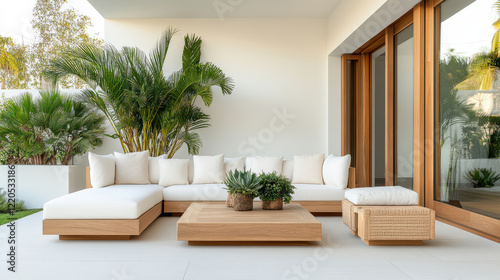 Zen inspired outdoor seating area with cushions and plants for relaxation