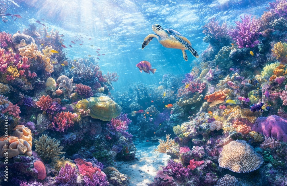 Vibrant Underwater Coral Reef Ecosystem Teeming With Marine Life and Colorful Fish in Crystal-Clear Waters During a Sunny Day Vibrant Underwater Coral Reef Ecosystem Teeming With Marine Life and Colorful Fish in Crystal-Clear Waters During a Sunny Day