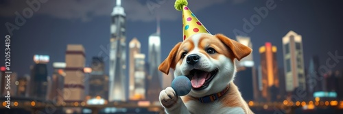 A playful puppy wearing a party hat and holding a noisemaker in front of a bright city skyline at midnight, fireworks, city view photo