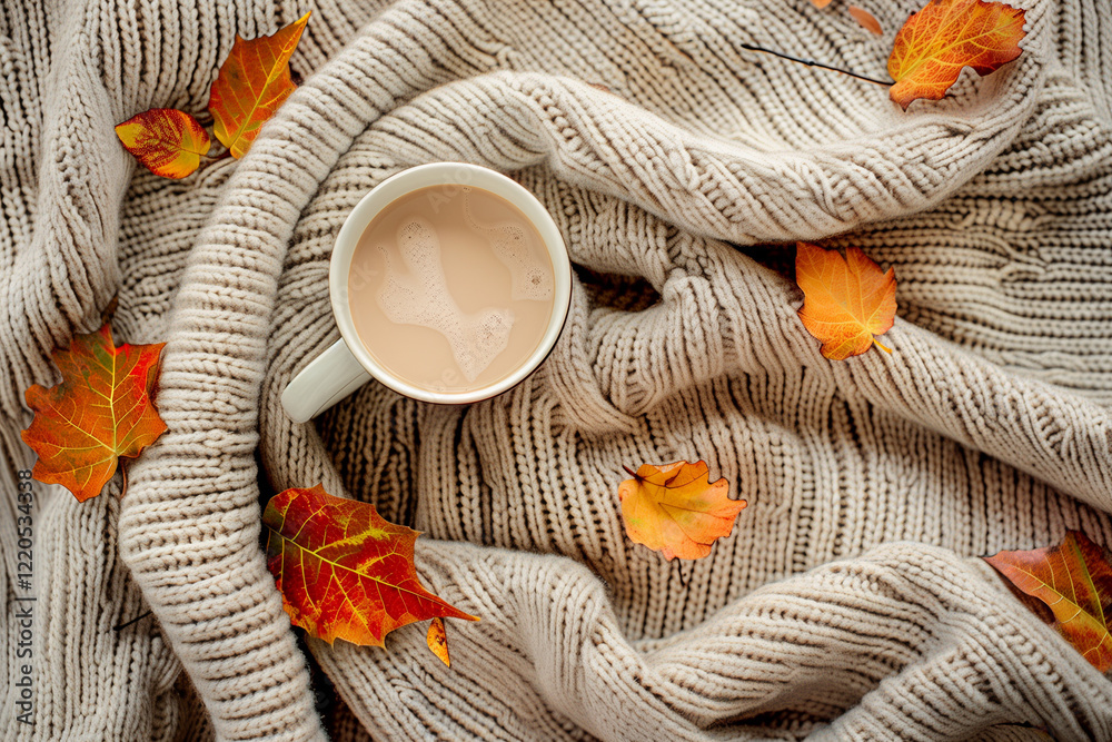 Cozy Autumn Scene with Hot Cocoa, Knitted Blanket, and Autumn Leaves