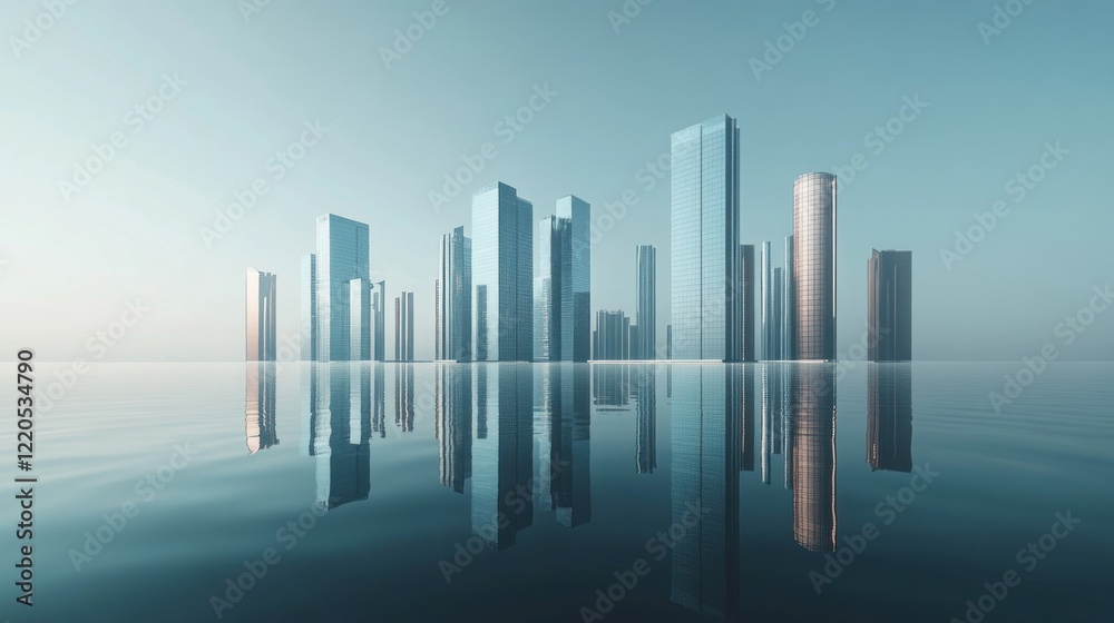Fototapeta premium Modern city skyline reflected in calm water at sunrise.