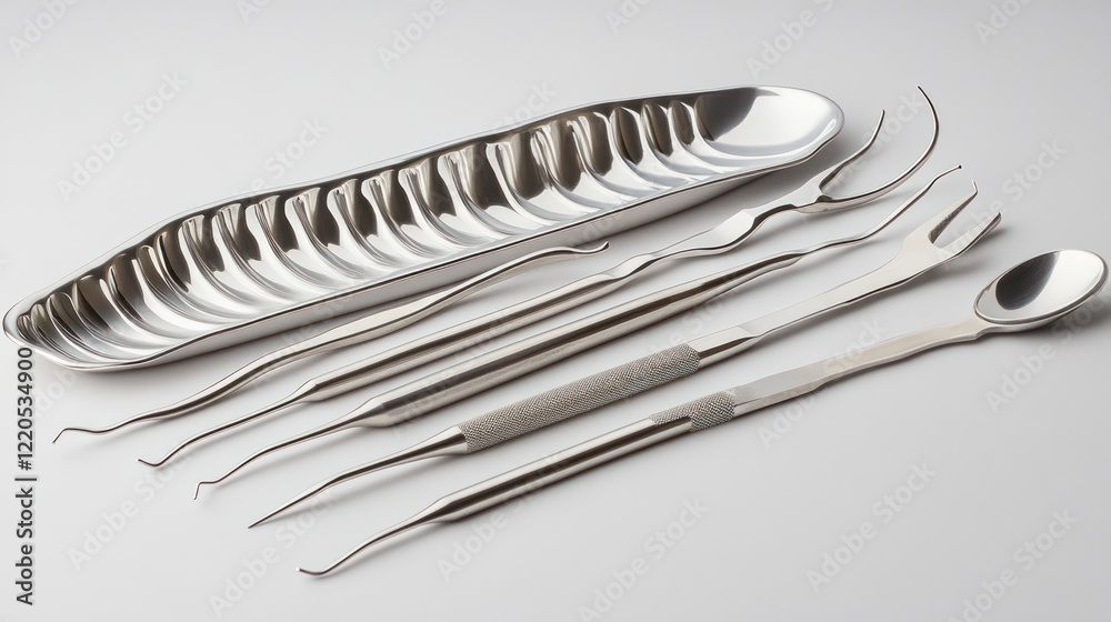 Sterile dental tools on tray, white background, hygiene Sterile dental tools on tray, white background, hygiene