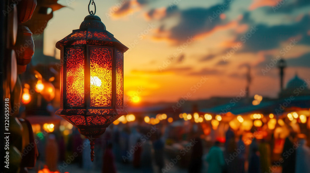 Fototapeta premium Ornate lantern illuminating a bustling marketplace at sunset