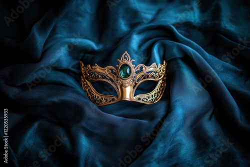 Elegant Golden Mask Rich Teal Silk Fabric photo