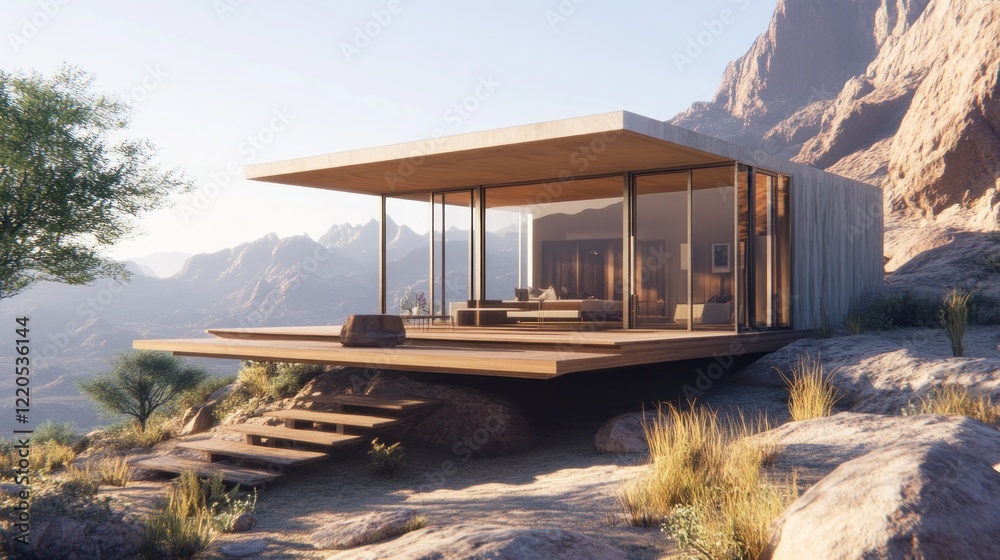 Obraz premium Modern minimalist house on mountaintop with stunning view.