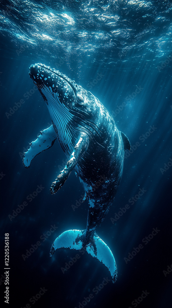 Fototapeta premium Humpback whale underwater with light filtering through the surface.