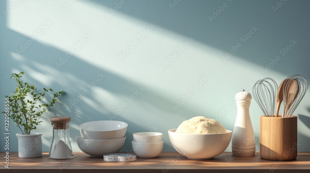 Sunlit kitchen counter, baking ingredients, recipe prep Sunlit kitchen counter, baking ingredients, recipe prep
