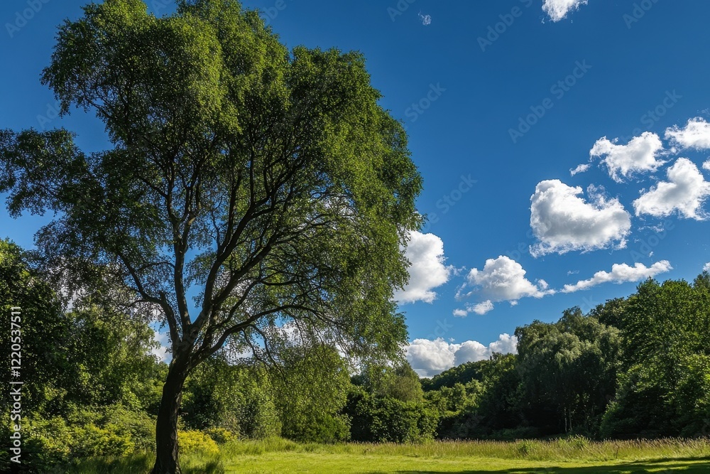Sunny park tree, green meadow, blue sky, clouds, nature serenity Sunny park tree, green meadow, blue sky, clouds, nature serenity