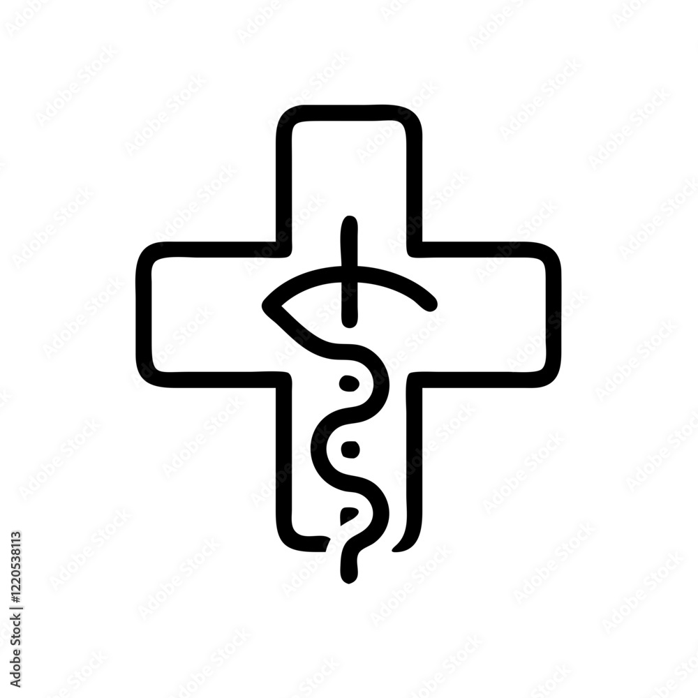 Obraz premium Medical cross icon with snake and eye in outline style
