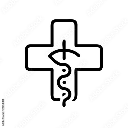 Medical cross icon with snake and eye in outline style