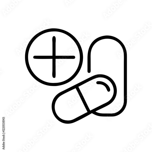 Pills and medical capsule icon in black outline style