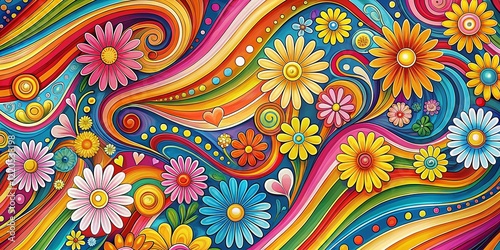 70s Groovy Hippie Background: Psychedelic Swirls, Flowers & Hearts - Y2K Retro Stock Photo