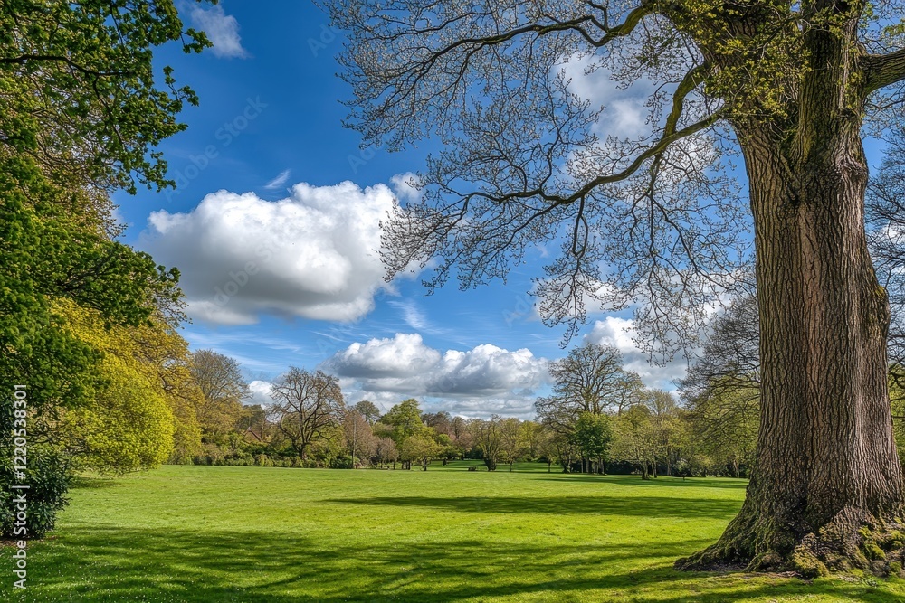 Sunny park tree, green grass, blue sky, clouds, nature Sunny park tree, green grass, blue sky, clouds, nature