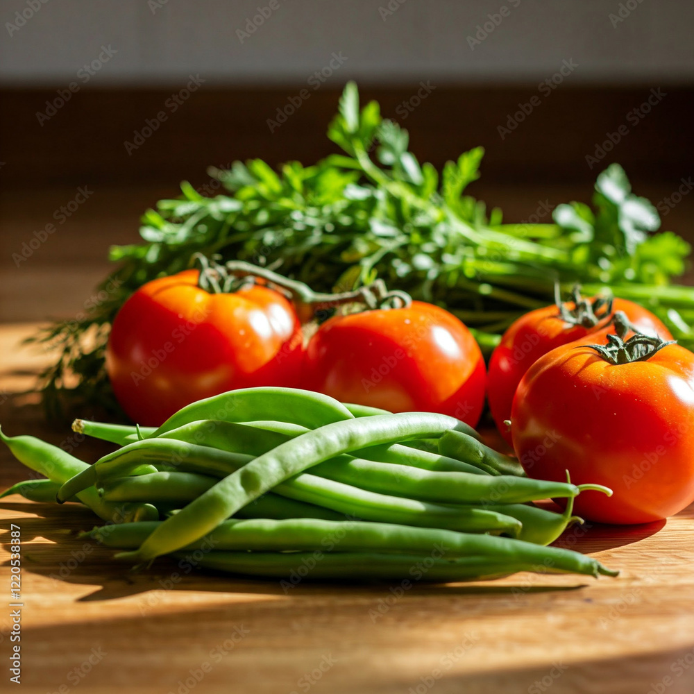 Set of red tomatoes and greens on the table Set of red tomatoes and greens on the table