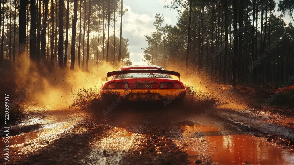 Dynamic Car Splashing Through Mud in Forest