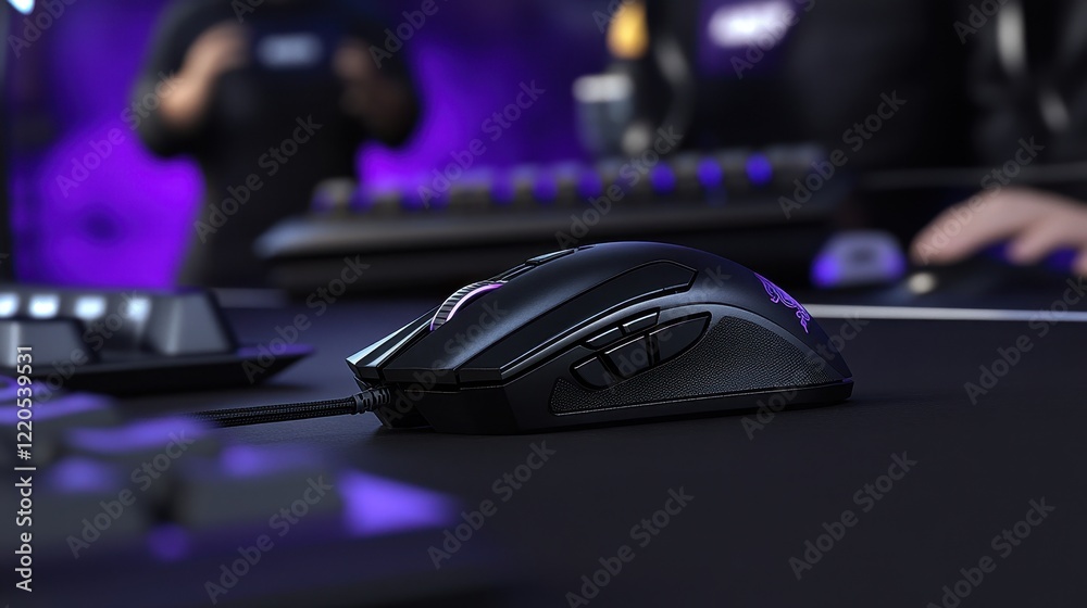 Gaming Mouse on Desk with Purple Background Gaming Mouse on Desk with Purple Background