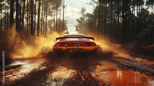 Obraz na płótnie Dynamic Car Splashing Through Mud in Forest w salonie