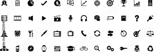 Set of 60 Business icons. Business and Finance web icons isolated. Money, contact, bank, check, law, auction, exchange, payment, wallet, deposit, piggy, calculator, coin and many more - stock vector