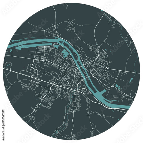 Mantes-la-Jolie French town in ile de france. Vector minimalist street plan map on a dark gray round background