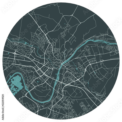 Pontoise French town in ile de france. Vector minimalist street plan map on a dark gray round background