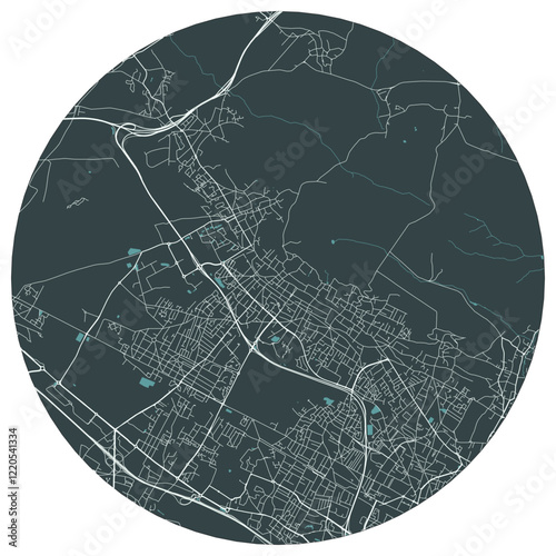 Taverny French town in ile de france. Vector minimalist street plan map on a dark gray round background