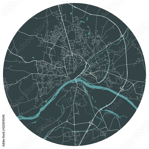 Nevers French town in bourgogne. Vector minimalist street plan map on a dark gray round background