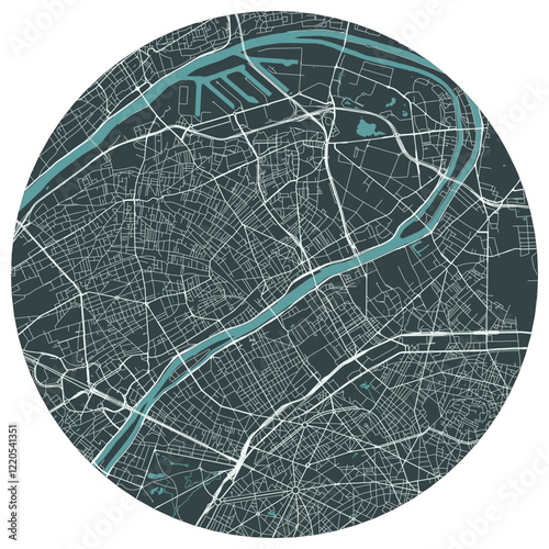 Asnières-sur-Seine French town in ile de france. Vector minimalist street plan map on a dark gray round background