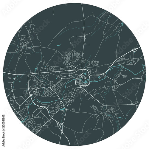 Maubeuge French city in nord pas de calais. Vector minimalist street plan map on a dark gray round background