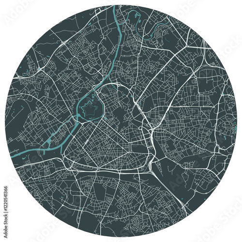 Lille French city in nord pas de calais. Vector minimalist street plan map on a dark gray round background