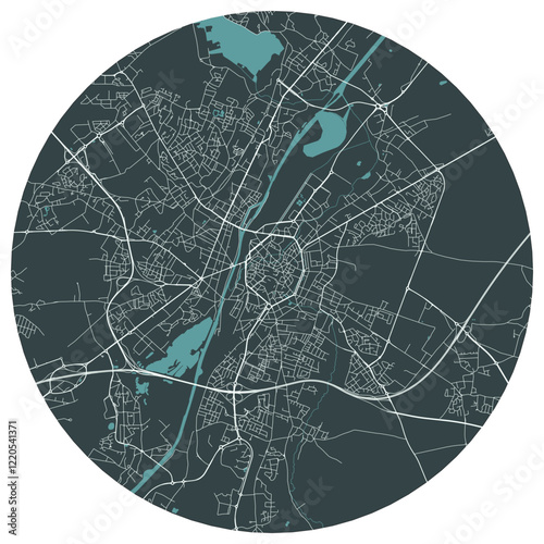 Valenciennes French city in nord pas de calais. Vector minimalist street plan map on a dark gray round background