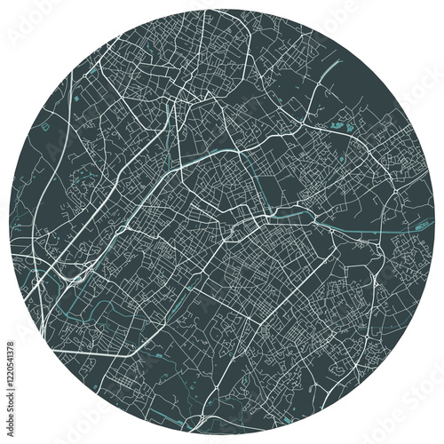 Roubaix French town in nord pas de calais. Vector minimalist street plan map on a dark gray round background