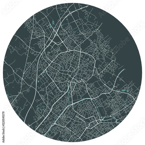 Tourcoing French town in nord pas de calais. Vector minimalist street plan map on a dark gray round background