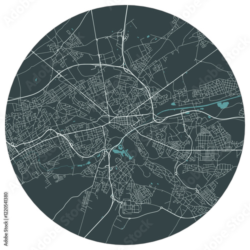 Lens French city in nord pas de calais. Vector minimalist street plan map on a dark gray round background