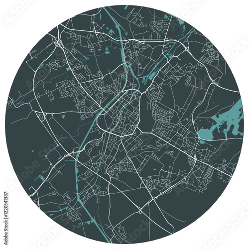 Douai French city in nord pas de calais. Vector minimalist street plan map on a dark gray round background