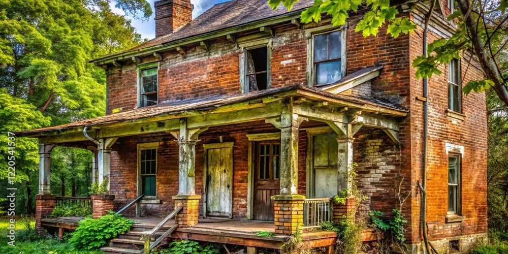 Abandoned House, Overgrown Porch, Brick Wall, Deep Depth of Field Stock Photo