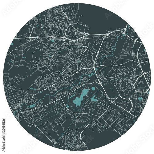 Tournefeuille French town in midi pyrenees. Vector minimalist street plan map on a dark gray round background