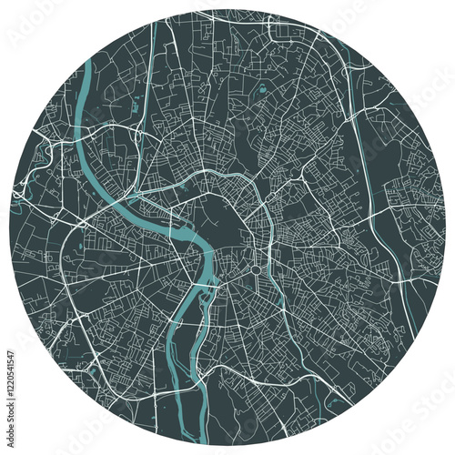 Toulouse French city in midi pyrenees. Vector minimalist street plan map on a dark gray round background