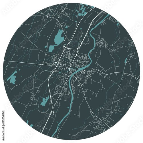 Muret French town in midi pyrenees. Vector minimalist street plan map on a dark gray round background