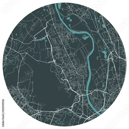 Blagnac French town in midi pyrenees. Vector minimalist street plan map on a dark gray round background