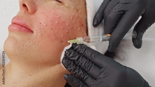 Professional cosmetologist injecting a woman's facial skin with a syringe for anti-aging procedures, wrinkle removal, and rejuvenation in a beauty clinic. High quality 4k footage