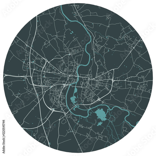 Saintes French town in poitou charentes. Vector minimalist street plan map on a dark gray round background