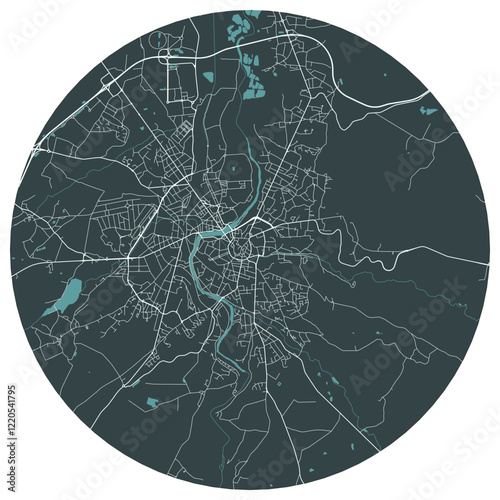 Montluçon French town in auvergne. Vector minimalist street plan map on a dark gray round background