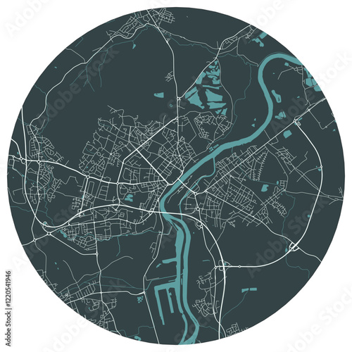 Thionville French town in lorraine. Vector minimalist street plan map on a dark gray round background