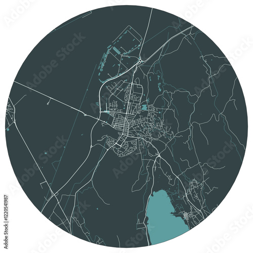 Miramas French town in provence alpes cote d azur. Vector minimalist street plan map on a dark gray round background photo